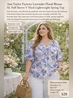Ann Taylor Factory Lavender Floral Blouse Puff Sleeve V Neck Lightweight Sz XL